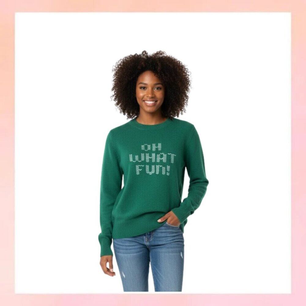 Pink Victoria's Secret 'OH WHAT FUN!' Holiday Christmas Sweater - Green Knit Med